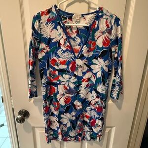 J Crew Blue Floral V-Neck Swim Coverup Dress with Red & White Blooms